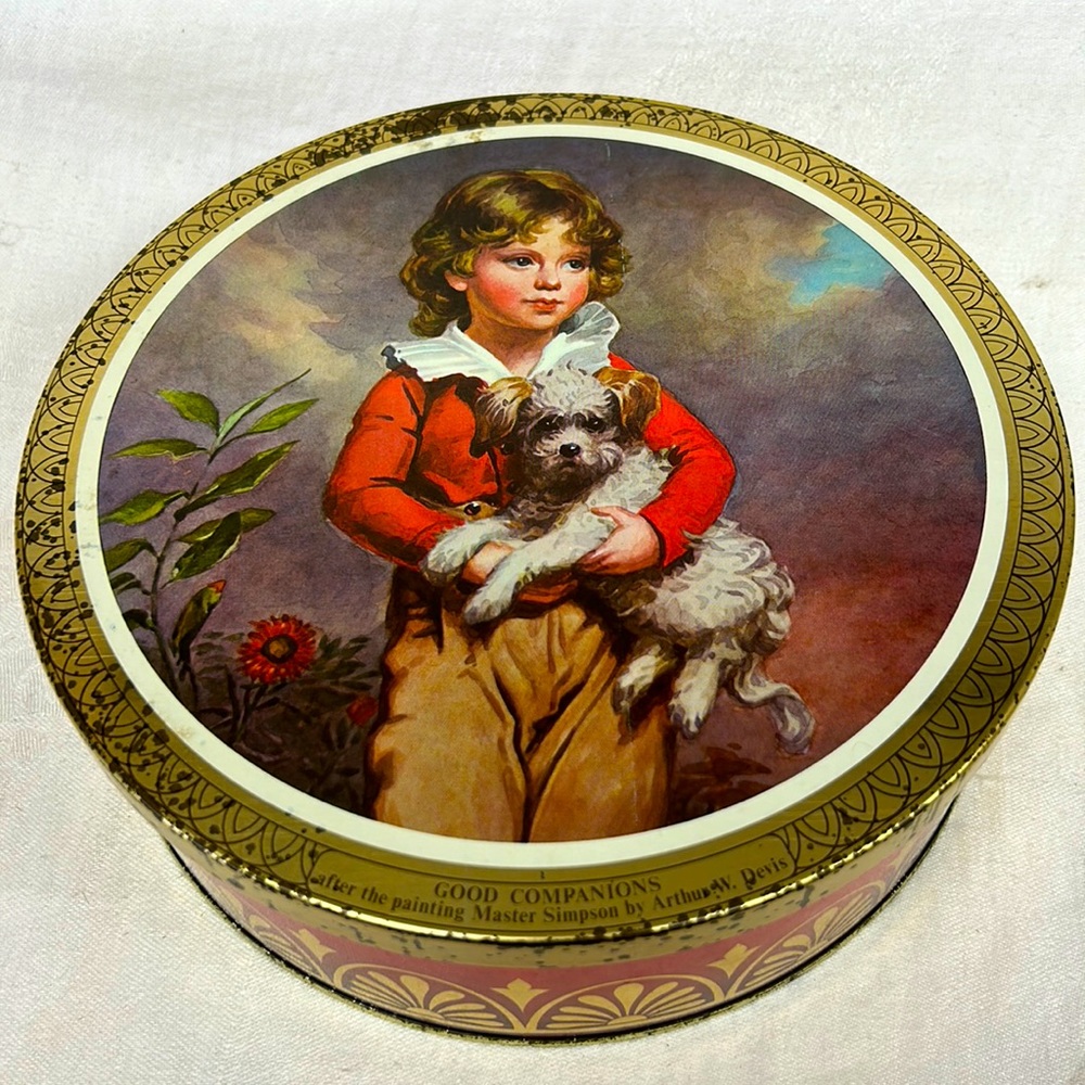 Vintage “Fox’s Biscuits “ lidded tin printed in England